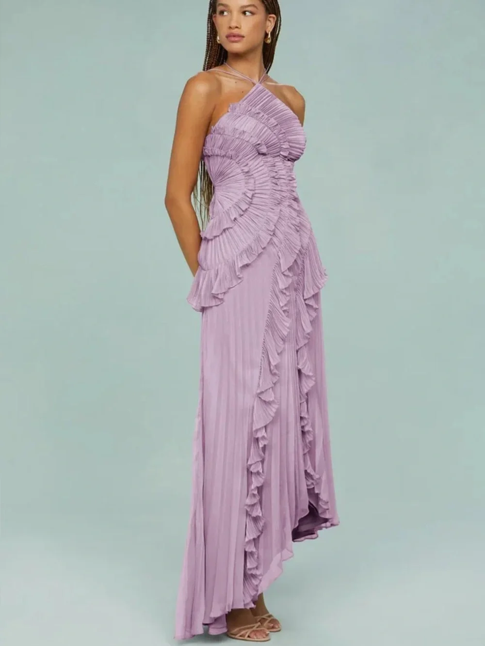 Halter Ruffle Pleated Maxi Dress - Picture 2 of 8